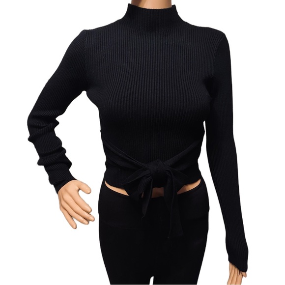 Petal & Pup Tie Front cropped mock neck sweater black - Picture 1 of 3